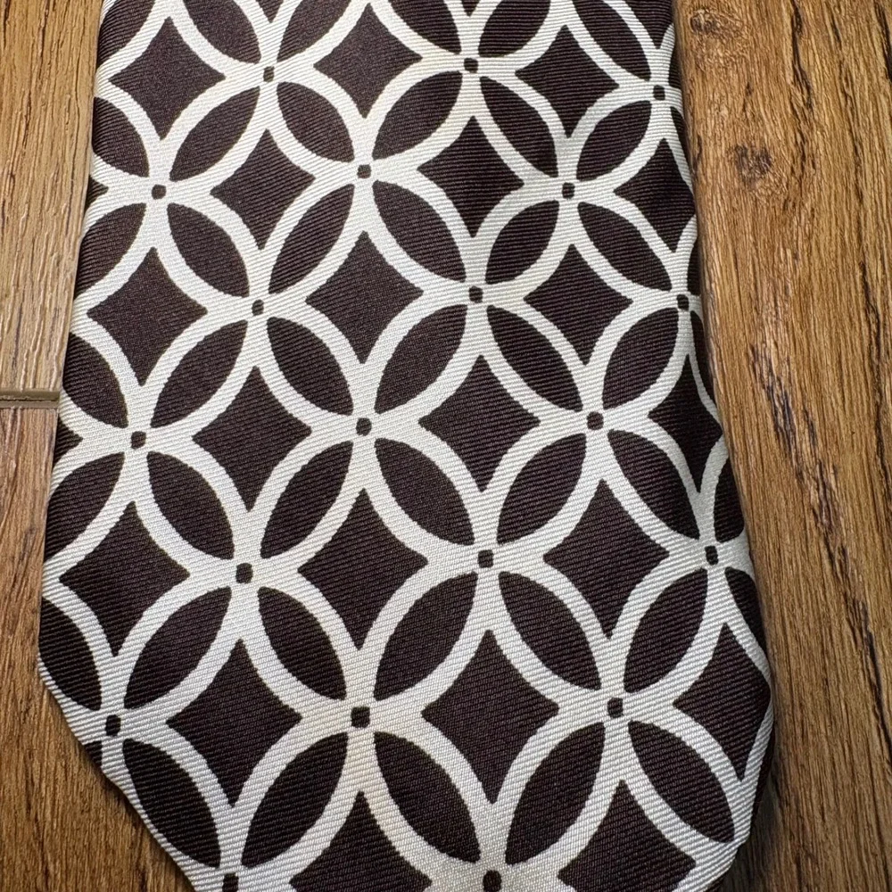 VTG Sears Kings Road Shop Mens 100% Silk Tie Brown Geometric AOP Luxury retro